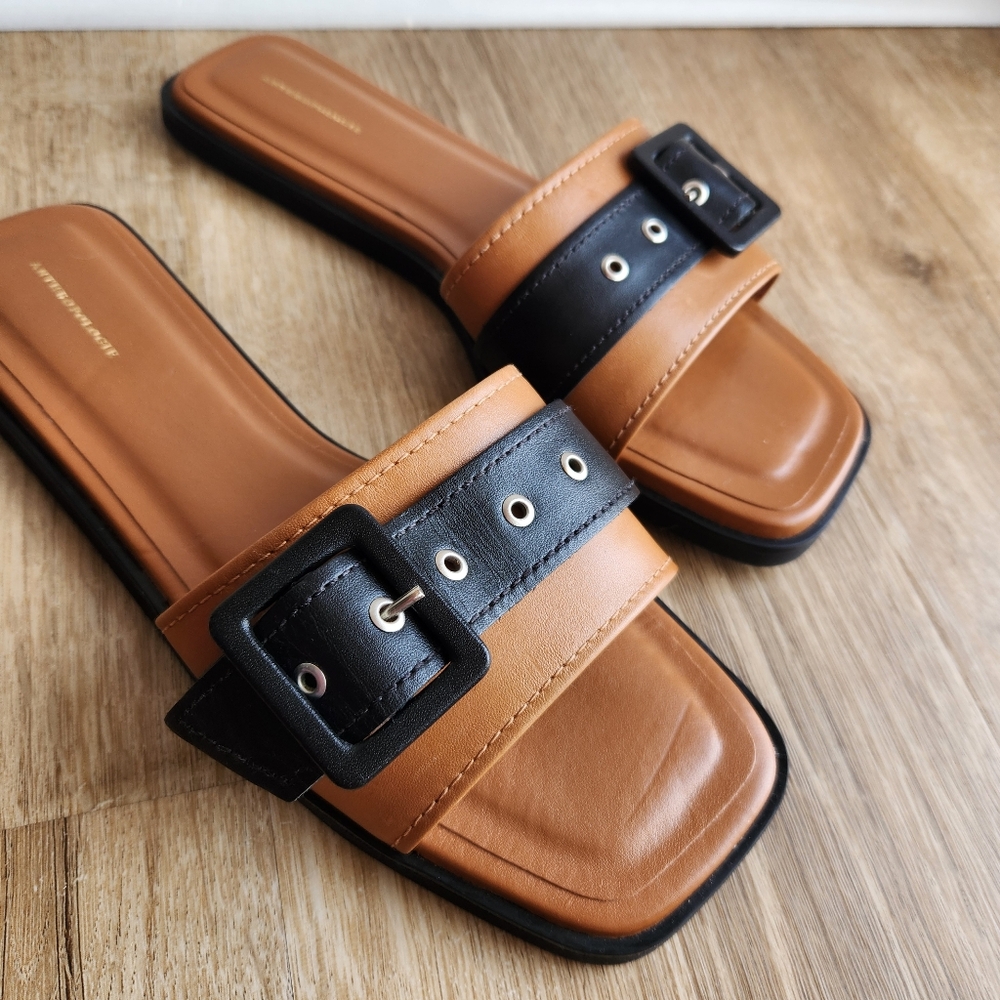 Anthropologie Cedar Brown & Black Buckle Slide Sandals Women's Size 39 - Picture 3 of 7
